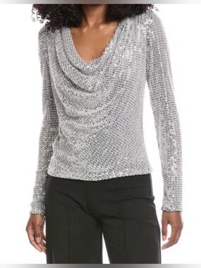Ramy brook Silver Sequin Drape-Neck blouse. EUC.